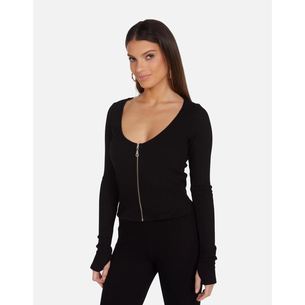 Michael Lauren Castillo Black Ribbed Zip Front Long Sleeve Top ML-9187-HRI XS